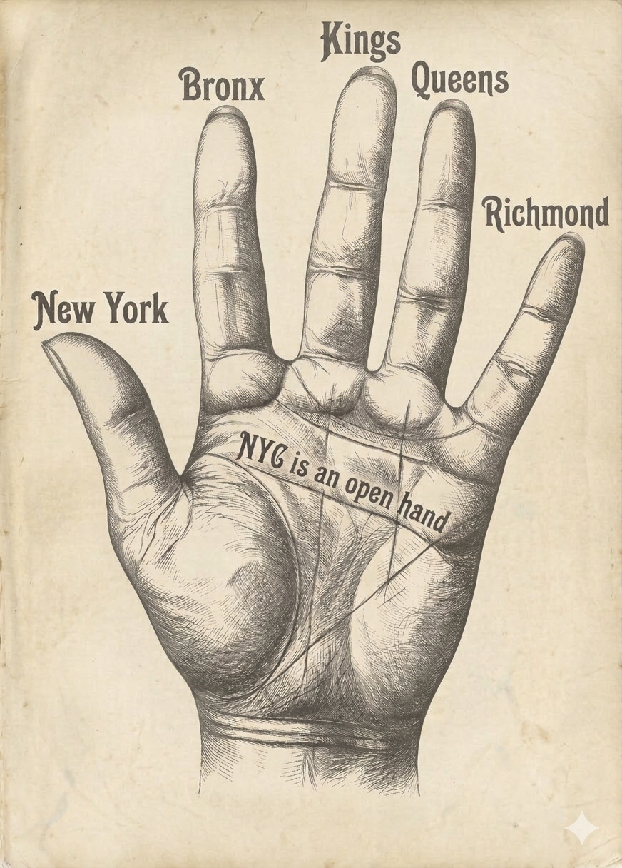 An engraved hand with each finger and thumb labeled with one of New York City's five boroughs: New York (Manhattan), Bronx, Kings (Brooklyn), Queens, and Richmond (Staten Island).